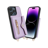 Étui de téléphone portable en cuir véritable avec anneau et cordon de cou pour iPhone 14