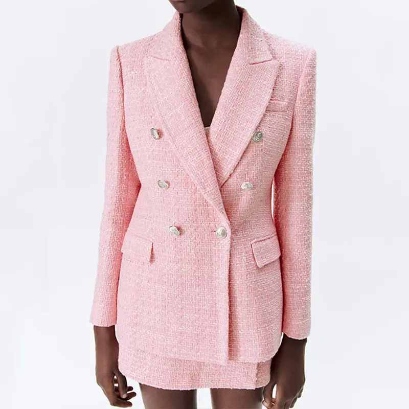 High quality brand design femme womens blazer set mujer tweed fitted blazer pink women office dress blazer and shorts