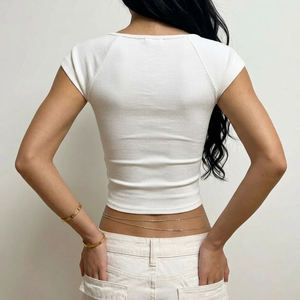 Deep V-Neck Twist Knot Hollow Lace <b>Patchwork</b> Short Sleeve T-Shirt Solid Color Artistic Pleated Sexy <b>Top</b> - Product Image 3