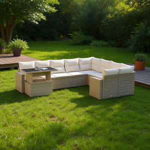 Ensemble de canapés de jardin beige en rotin, mobilier d'extérieur avec coussins en mousse haute densité, design contemporain imperméable - Product Image 2