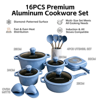 Set Peralatan Masak Anti Lengket Aluminium Pola Berlian 16 PCS, Panci dan Wajan Induksi dengan Peralatan Dapur