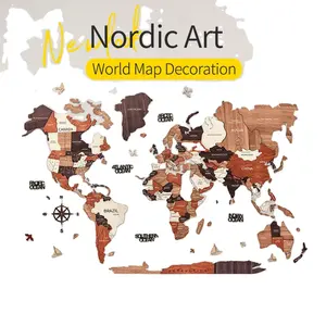 Mapa do Mundo em madeira 3D para decoração de parede, pinos de viagem vintage, arte de mapa