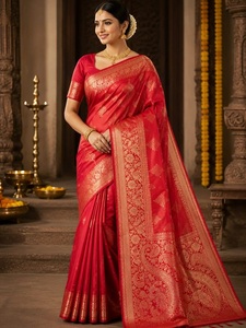 <b>Red</b> Banarasi <b>Saree</b> with Golden Work Elegant Designer <b>Saree</b> for Women Luxury Traditional Indian Ethnic Fashion Wear Bridal - Product Image 2