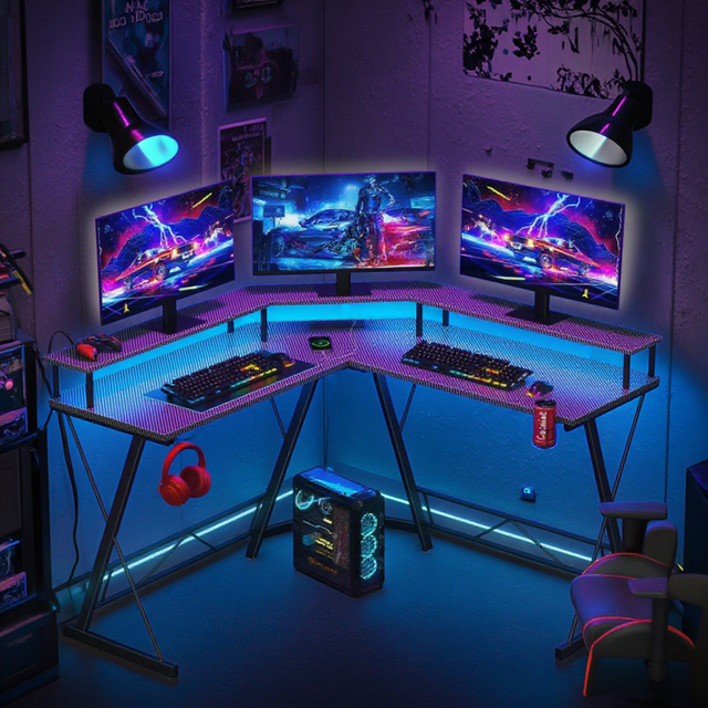 Modern Luxury Gaming Table with LED Lights Power Outlet Headphone Hooks Easy Assembly Large Display Stand Metal Material