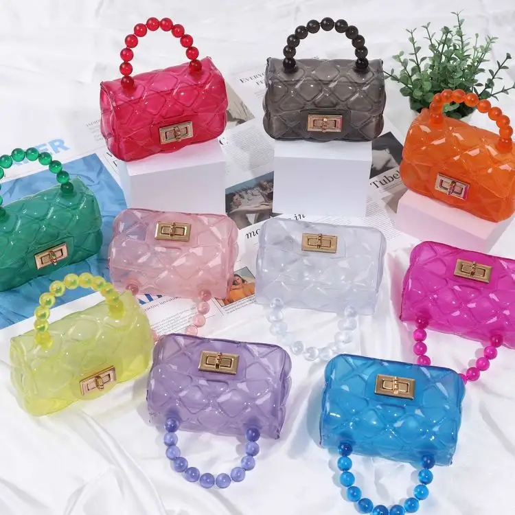 Borsa e borsette in gelatina per bambini Color caramella di moda borsa con manico in perla Mini borsa in gelatina trasparente in PVC per bambine