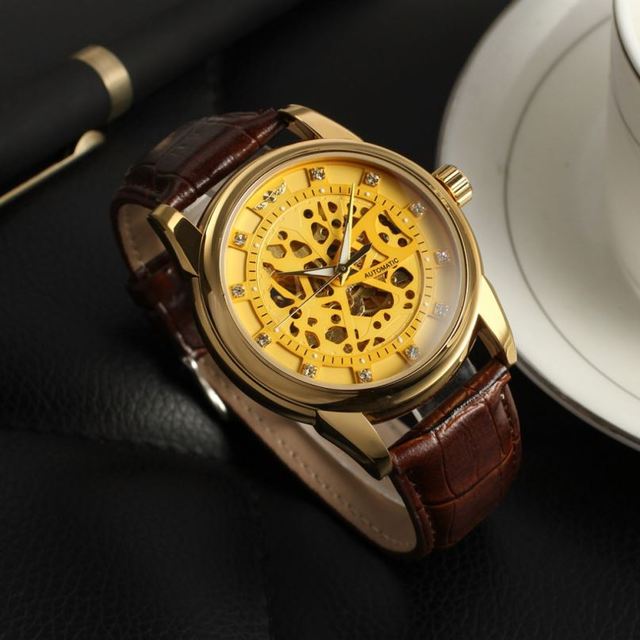 WINNER 8097 Luxury Golden Mens Mechanical Watch Hot Sale Leather Strap Water Resistant Full Automatic Character Business Watch