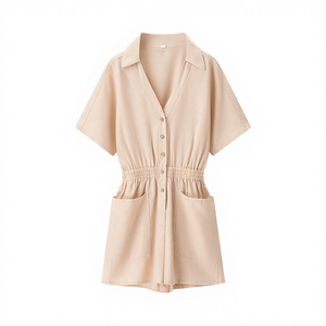 Summer Solid Breathable Turn <b>Down</b> Collar Short Sleeve Buttons up Elastic Waist Casual Fashion Women One Piece Jumpsuit - Product Image 4