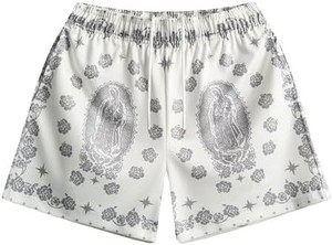 Men's Gray Printed <b>Shorts</b> With Virgin Mary And Cross Design Elastic Waist Casual Breathable Sport <b>Shorts</b> - Product Image 5