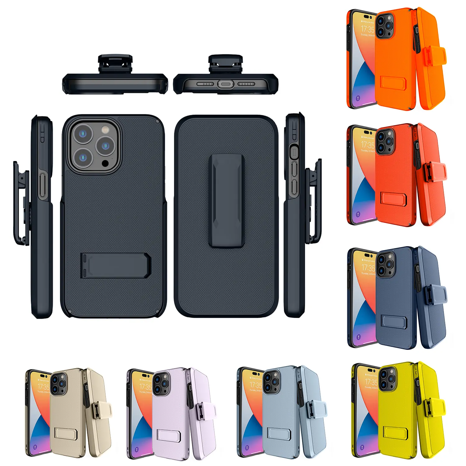 Phone Cover Manufacturer Custom Color 3 in 1 Holster Belt Clip Card Slot Kickstand Combo Mobile Case for iPhone 14 Pro Max