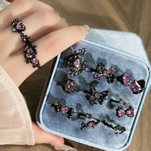 Pink Zircon Black Copper Gold Plated Band <b>Adjustable</b> <b>Ring</b> for Women Bohemia Thorn Crow Heart Butterfly Punk Jewelry - Product Image 3