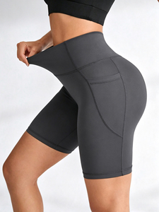 Active High Waist Yoga <b>Shorts</b> Pockets Solid Color Seamless Four-Way Stretch Spandex/Polyester Tummy Control <b>Shapewear</b> XXL - Product Image 3