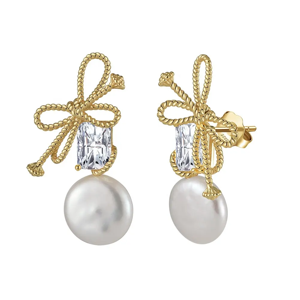 Wholesale Price 925 Sterling Silver Gold Plated Jewellery Unique Design Bow Pearl Stud Earrings for Women