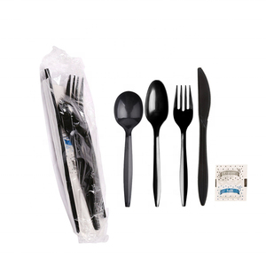 Disposable plastic cutlery kit napkin salt&pepper PS black fork and spoon travel set