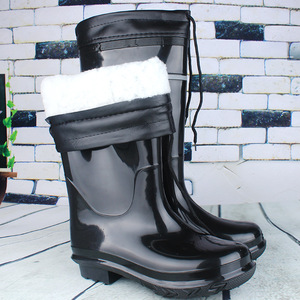 Botas de lluvia de invierno para hombre, de caña alta, negras, con forro grueso, cálidas, cómodas y fáciles de poner, para clima frío. - Product Image 1