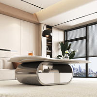 Table basse écologique style papillon avec plateau ovale en pierre frittée, tiroir de rangement, base en acier inoxydable et meuble en MDF