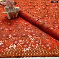 Kain Brokat Afrika Warna Oranye Bakar Grosir, Payet Bunga 3D, Tulle dengan Berbagai Warna untuk Gaun Aso Ebi Pernikahan Nigeria