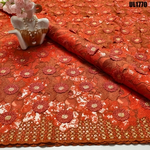 Tessuto in Pizzo Africano <span class=keywords><strong>Arancione</strong></span> Bruciato all'Ingrosso, Pizzo in Tulle con Fiori 3D e Paillettes Multicolore per Abiti da Sposa Nigeriani Aso Ebi - Product Image 2