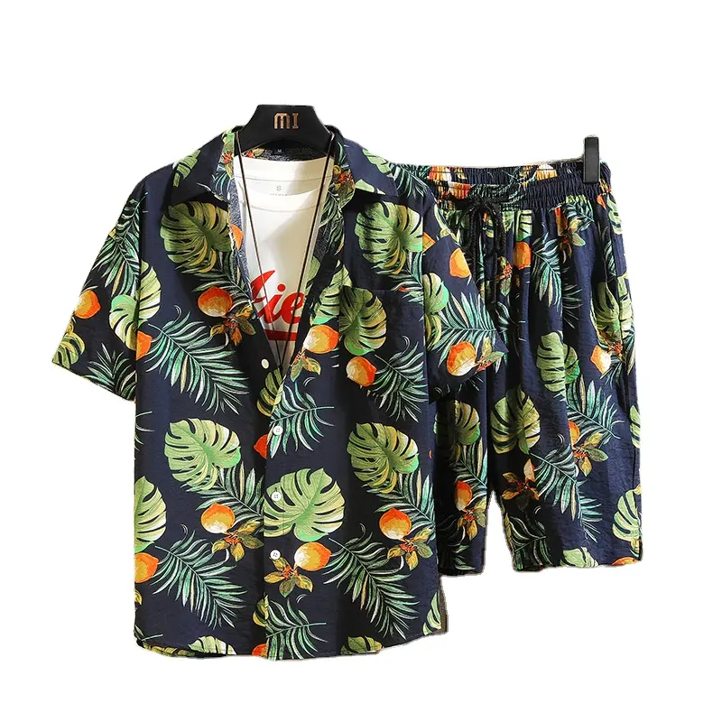 Men's Hong Kong Style Summer Youth Trend Fashion Casual Beach Two-Piece Set Short Sleeve Flower Shirts and Shorts Loose Fit