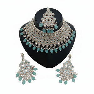 Silver Plated Brass Zircon Kundan Ethnic Bridal <b>Set</b> Choker Necklace Drop Earrings Tikka High Quality Party Engagement - Product Image 2
