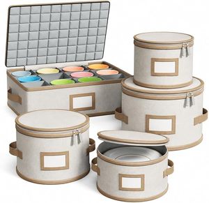 Juego de 5 piezas de almacenamiento de vajilla de lino, organizador de tela <span class=keywords><strong>con</strong></span> <span class=keywords><strong>cremallera</strong></span> para platos, tazas y cuencos, OEM personalizado <span class=keywords><strong>con</strong></span> asas y etiquetas - Product Image 1