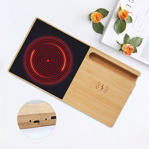 Support Chauffant à Café <span class=keywords><strong>2</strong></span> en 1 en Bambou avec Chargeur Sans Fil USB et Chauffe-Tasse Électrique et Support de Téléphone Portable avec Vidéo - Product Image 3