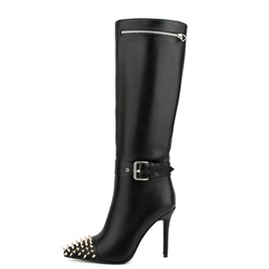 Nuevas Botas Largas de Tacón Alto y Fino con Punta Puntiaguda, Remaches Metálicos, Cremallera Lateral, Hebillas de Moda, Botas Altas Sólidas hasta la Rodilla para Mujer - Product Image 1