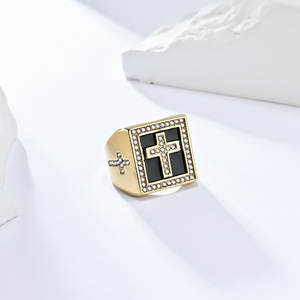 yunnique hip-hop square stamp, diamond-plated cross <b>titanium</b> steel <b>ring</b>, men's personalized niche jewelry. - Product Image 4