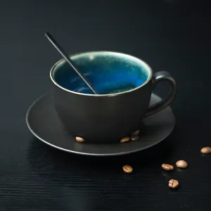 陶瓷瓷制咖啡杯和茶碟套装卡布奇诺石杯茶杯和茶盘套装带标志