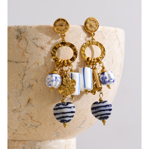 JINYOU 5754 <span class=keywords><strong>Orecchini</strong></span> <span class=keywords><strong>Pendenti</strong></span> Vintage Boho in Ceramica con Perline Geometriche Dorate e Fiori in Porcellana Blu e Bianca - Product Image 4