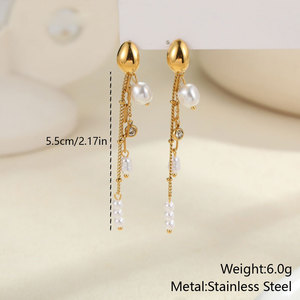 Fashion Wholesale Fine 14k 18k <b>Gold</b> Plated 316L Stainless Steel Pearl Tassel Drop <b>Dangle</b> <b>Gold</b> <b>Earrings</b> for Women - Product Image 3