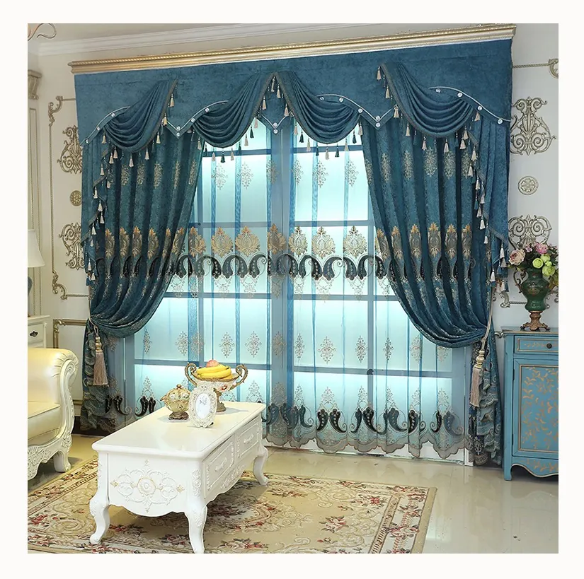 Cenefa de tela de chenilla de doble capa, cortina bordada de lujo para sala de estar