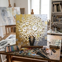 Peinture à l'huile sur toile 100% faite à la main, style Art Déco, fleurs blanches épaisses, art mural géométrique moderne, décoration intérieure, dropshipping