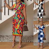 Robe moulante pour femmes grandes tailles, col en V, manches courtes, imprimée, taille haute, robe crayon midi pour femmes