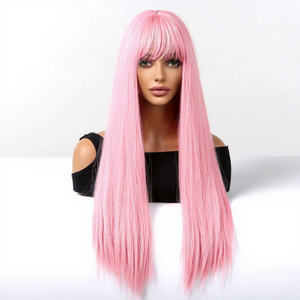 Parrucca Rosa Chiaro con Frangia Dritta, Realizzata a Macchina, <span class=keywords><strong>Capelli</strong></span> Umani <span class=keywords><strong>Veri</strong></span> - Product Image 1