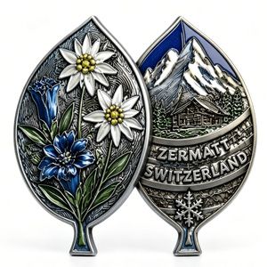 Pin Metálico de Recuerdo de Zermatt, Suiza, Diseño de Montaña con Flores en Relieve de Doble Cara, Plateado, Aleación de Zinc, Esmalte Duro - Product Image 1