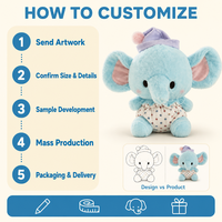 Peluche éléphant bébé en combinaison à pois avec bonnet de nuit, bleu doux, animal en peluche pour cadeau de bébé
