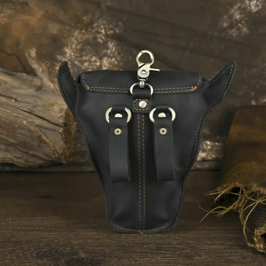 Retro Crazy Horse Leather Bull Head Fanny Pack Men's <b>Small</b> Cell Phone <b>Bag</b> With Zipper Closure For Leisure Travel - Product Image 4