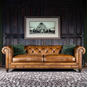 أريكة غرفة معيشة من الخشب المصمت بسحَّاب من الخشب المصمت بطبقة من جلد البقر بطبقة فنية على الطراز الأوروبي طراز كلاسيكي - Product Image 1