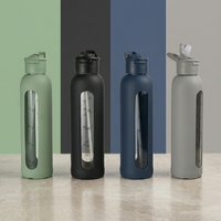 Bouteille d'eau en verre borosilicate personnalisable avec logo, manchon en silicone, couvercle à paille et marqueur de temps – Gourde esthétique réutilisable pour usage quotidien