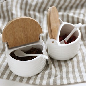 Contenitore per condimenti di erbe in porcellana cucina di casa cremagliera di bambù vasetto di spezie in ceramica Set di bottiglie di zucchero con vassoio in legno e coperchi - Product Image 6