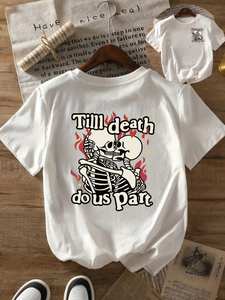 <b>Gothic</b> Wedding Skeleton Couple <b>T</b>-<b>Shirt</b> Women's White Red Accents Loose Fit Round Neck Graphic Tee Till Death Do Us Part - Product Image 3