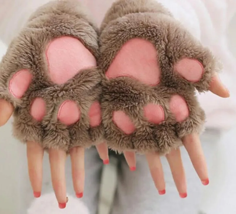 Women Girls Lovely Fluffy Bear Cat Plush Paw Claw Half Finger Gloves Mitten Winter Warm Fingerless Gloves