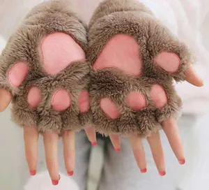 Women Girls Lovely Fluffy Bear Cat Plush Paw <strong>Claw</strong> Half Finger <strong>Gloves</strong> Mitten Winter Warm Fingerless <strong>Gloves</strong> - Product Image 1