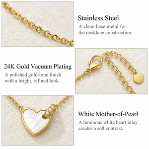 Collar con Colgante de Corazón de Nácar Blanco, Acero Inoxidable, Nácar Blanco, Baño de Oro de 24K, 43 + 5 cm, 4.2 g - Product Image 4