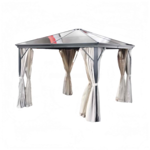 Pergola <span class=keywords><strong>de</strong></span> jardin extérieure à toit rigide, structure en aluminium, toit en polycarbonate avec rideau d'intimité, protection contre les intempéries et pare-soleil. - Product Image 1