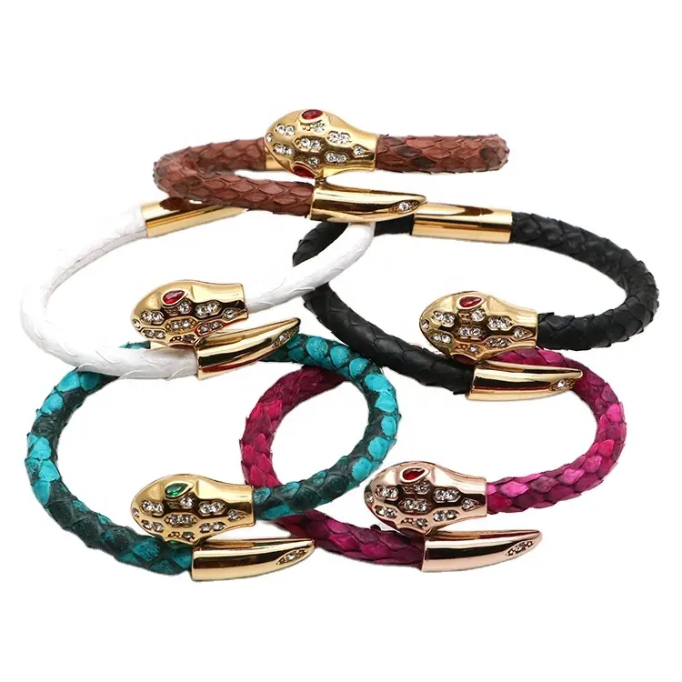 Venta al por mayor de lujo pulsera de cuero de serpiente genuina 316L acero inoxidable con incrustaciones de circón pulsera de cabeza de serpiente para hombre y mujer