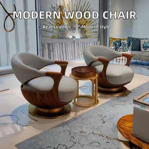 Poltrona Lounge dal Design Moderno in Legno Massello di Frassino e Noce Nuova Sedia Divano dal Design Creativo in Vera Pelle per Soggiorno di Casa e Villa - Product Image 2