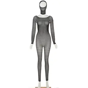 Mesh See Through Solid Stockings Lingerie Women Sexy Backless Hollow Out Fishnet Onesie + Ninja Hoods Lady Streetwear Suit