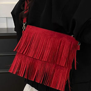 Sac bandoulière bohème à franges, style rétro, en daim, pour femme, avec pompons – Nouvelle collection très tendance - Product Image 1