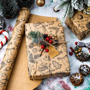 Kraft Christmas Wrapping <b>Paper</b> <b>Roll</b> 17 Inch X 33 Feet Vintage Gingerbread Socks Pattern Brown Holiday Gift <b>Wrap</b> - Product Image 4